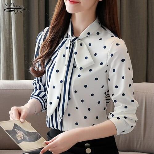 Chiffon Blouse Women 2021 Autumn Casual Long Sleeve Shirt Women Striped White Lady Tops Office Lady Clothes with Polka Dot 10755