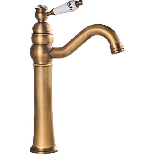 Bathroom Basin Faucets Antique Brass Hot & Cold Sink Mixer Tap Ceramic Single Handle Deck Mounted Lavatory Water Crane Tap