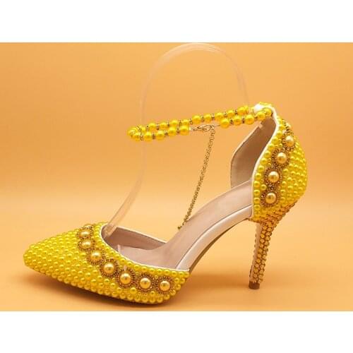 Yellow Gold Pearl Wedding shoes bride High heels Pointed Toe Pumps Ladies Party shoes Ankle strap shoe Lace-Up Dress Shoe