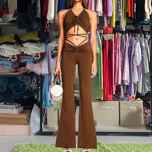 Y2K Streetwear Sexy Bandage Blue Crop Top Suits 2000s Fashion Drawstring Halter Top and High Waist Flare Pants 2 Piece Set