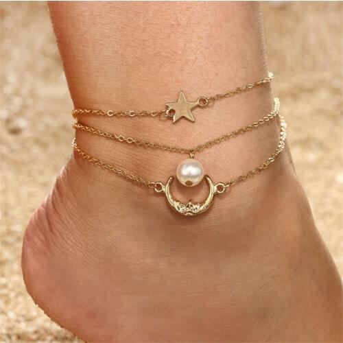 Jewelry Retro Fashion Pentagram Pearl Pendant Footwear Moon Alloy Multi-layer Anklet