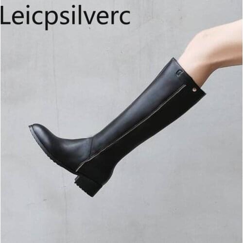 Womens Boots Autumn And Winter The New fashion Round head zipper Thick heel Low-heeled High tube Womens shoes plus size 32-43