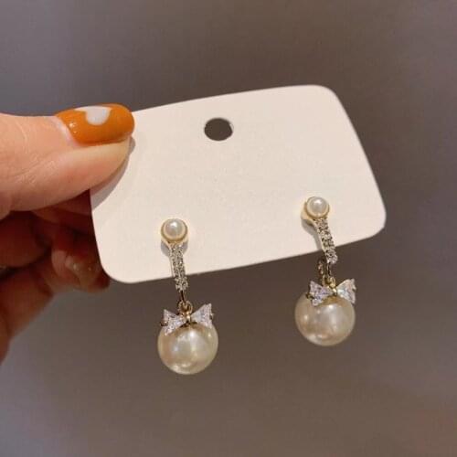 New Contracted Fresh Crystal Bowknot Senior Drop Earrings Fashion Sweet Pearl Women Earrings Joker Fine Temperament
