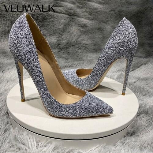 Veowalk Women Grey Fabric Pointed Toe Stiletto Pumps Elegant Ladies Slip On High Heel Chic Dress Lace Shoes Small Size 33-45