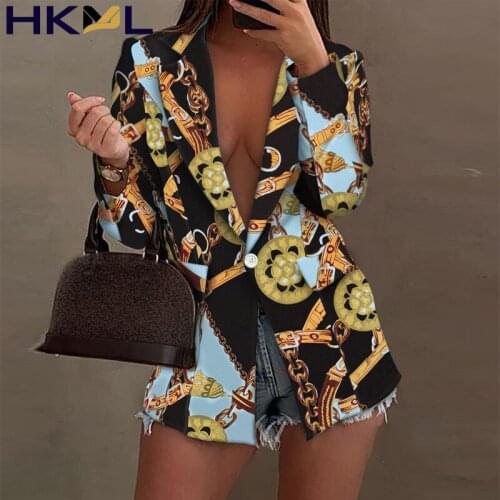 2021 Autumn Long Sleeve Cardigan Jacket Fashion Printed Button Slim Office Lady Blazer Women Elegant Turn-down Collar Suit Coats
