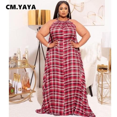 CM.YAYA Women Plus Size Dress Print Sleeveless Strap O-neck Pocket Loose Maxi Long Dresses Sexy Fashion Streetwear Summer Outfit