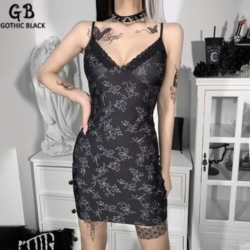 Gothblack Dress Dark Foral Printed Lace Spaghetti Straps Dress For Women Deep V Neck Backless Sexy Hip Sheath Low Cut Clothes