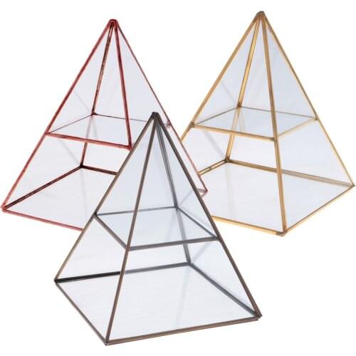 2 Tiers Vintage Style Brass Clear Glass Pyramid Mirrored Shadow Box Jewelry Display Case
