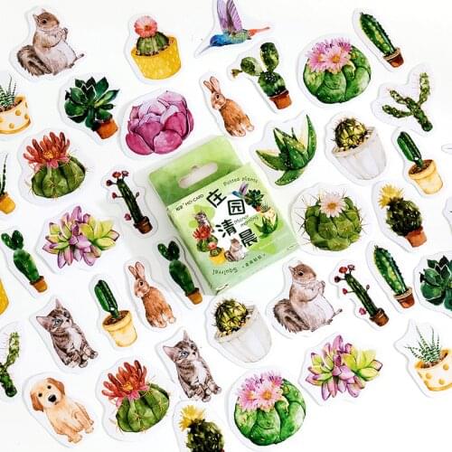 46pcs Manor Morning Stickers Set Potted Plant Cactus Squirrel Cat Sticker for Decoration Adhesive Sealing Diary Album Gift A6653