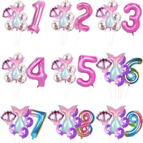 8pcs a pack mermaid party number 123456789 balloon 1 birth day 1st one year old birthday party decor kids foil tail balloon sea