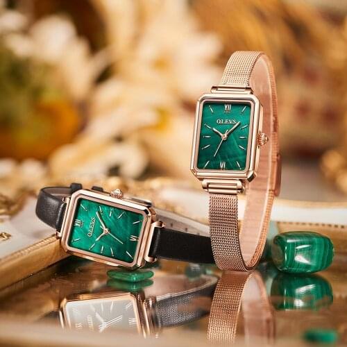Luxury Brand Green Malachite Women Watches Square Quartz Rose Gold Stainless Steel Mesh Wristwatch Elegant Ladies Watch Girl Box