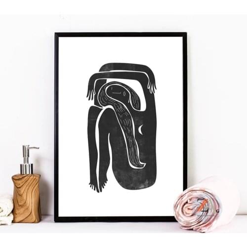 Black and White Minimalist Female Portrait Painting Mid century Moon Posters Boho Art Print Canvas Picture Home Wall Art Decor