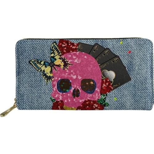 Cool Skull Pattern Long Wallet for Women Zip Around Clutch Bag Card Holder Ladies PU Leather Wallets Travel Phone Coin Purse