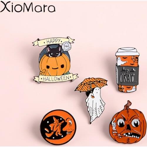 Happy Halloween Enamel Pins Coffee Pumpkin Ghost Cat Witches Jewelry Magic Hat Brooches Badges Lapel pins For Festival Gifts
