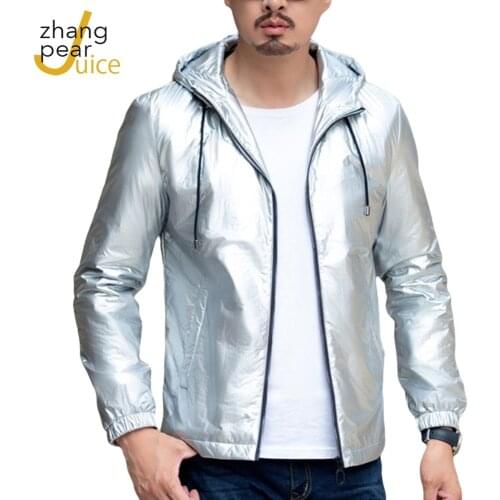 Mens Jackets And Coats Fashion Windbreaker Men Gold Silver Hooded Jacket Streetwear Men PU Hip Hop Coat