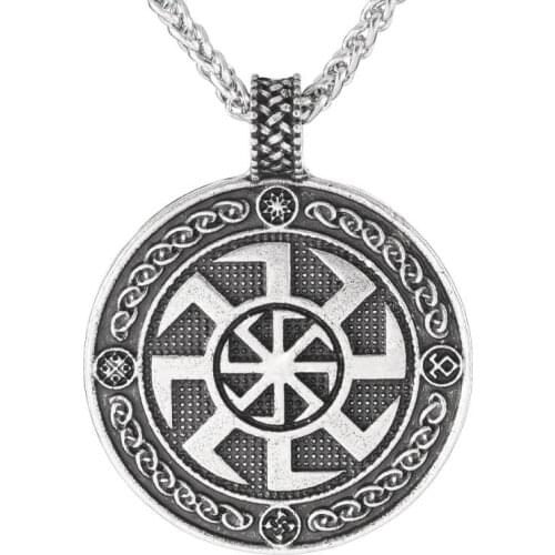 Mens Vintage Necklace Russian Religious Symbol Sun Pendant Viking Style Amulet Jewelry Gift