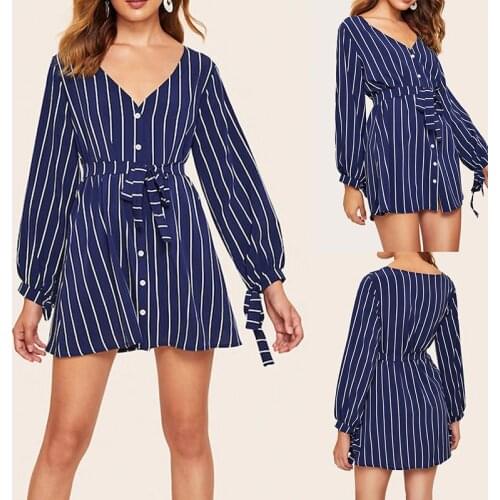 COLDKER Slim casual dress fashion Autumn Mid-Long Striped V neck Long Sleeve cloth Female Blue One Piece Dress