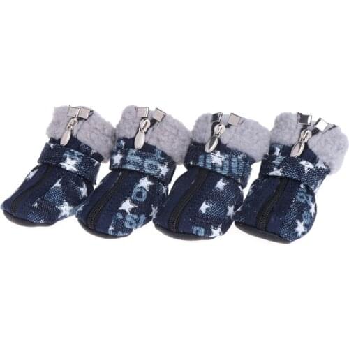 Pet Shoes Dogs Puppy Boots Denim Warm Snow Winter Lovely Anti Slip Zipper Casual