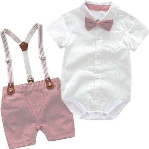 Baby Clothes Summer Boys Suits Newborn Gentleman Party Dress Soft Cotton Solid Jumpsuit + Suspender Pants Infant Toddler Set