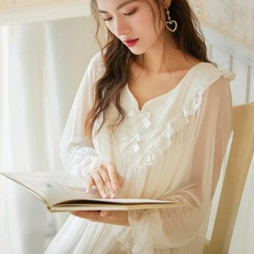 Sexy Women Long Dress Lace Nightgowns Vintage Palace Style Nightwear Sleeve Sleepwear Nightdress Autumn Lingerie