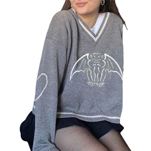 E-Girl Y2K V Neck Bat Print Loose Sweaters Long Sleeve Fit Knitted Pullover Autumn Winter Caual Fashion Knitting Top Streetwear