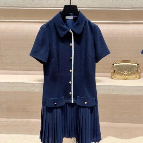 Dark blue summer womens dress patchwork long-sleeved cascading ruffled elegant ladies clothes casual dresses for women