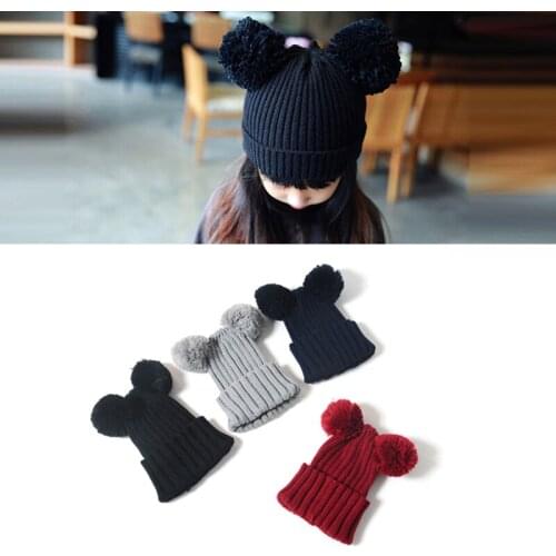 Knitted woolen tide hat childrens ball girl girl cuffed baby hat autumn and winter warm hat two balls Mickey hat