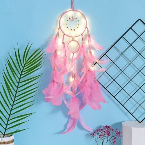 Dream Catcher Pendant Home Wall Hanging Pink Feather Wind Chimes Decoration Handmade Beaded Kid Gift Girl Room Garden Ornament