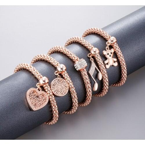 2021 New Womens Bracelet femme Cute Heart Bear Owl Charms Rose Gold Bracelets on Hand Flexible Thick Chain Fashion Jewelry Gift
