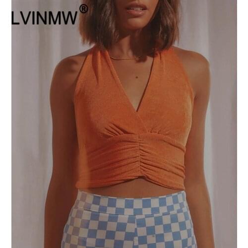 LVINMW V Neck Backless Sexy Slim Solid Lace Up Tank Halter Bandage Bartack Casual Chic Crop Top Women Navel Waisted Folds Tops