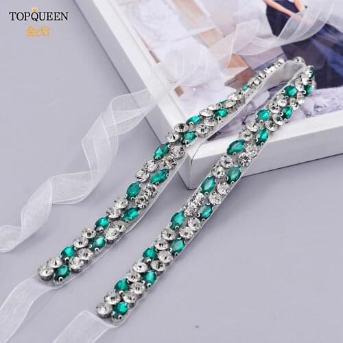 TOPQUEEN S07 Wedding Dresses Belts for Women Ceinture Straps for Bridesmaid Wedding Noble Crystal Green Rhinestone Sash Belt