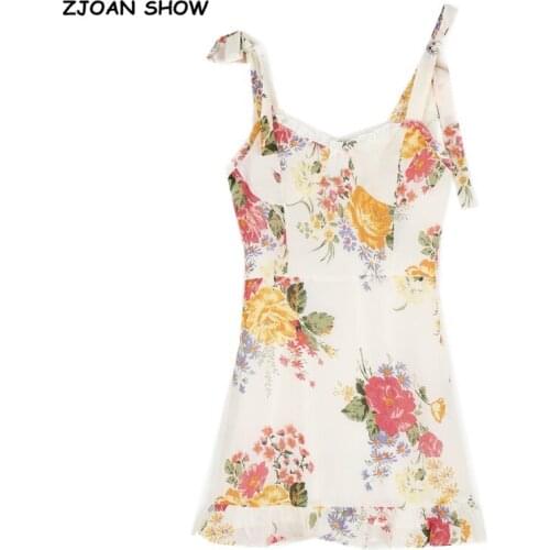 2021 Vintage French Flower Print Tie Bow Spaghetti Strap Short Summer Dress Women Wood ear Ruffles Hem Ruched Back Sling Dresses