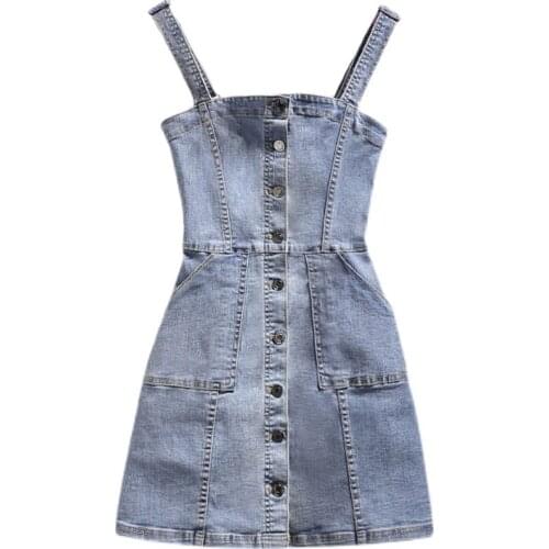 2021 Spring Womens Denim Strap Dress Wild Suspenders Sexy Stretch Dress Single-Breasted Casual Short Vintage Jeans Dress Women
