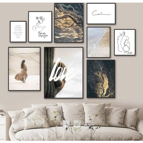 Abstraction Line Desert Girl Cactus River Wall Art Canvas Painting Nordic Posters And Prints Wall Pictures For Living Room Decor