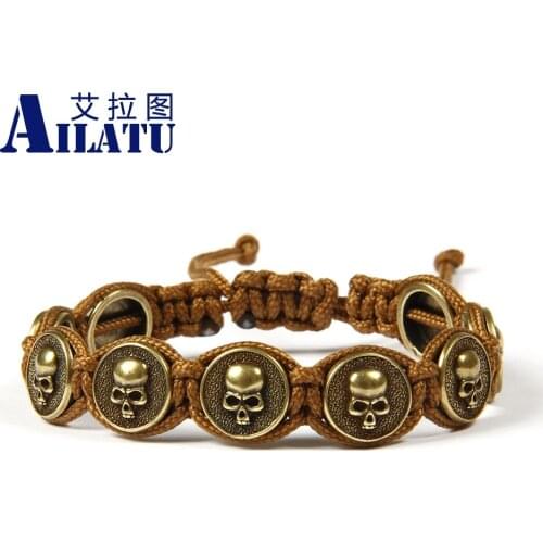 Ailatu Top Quality Jewelry Wholesale 10pcs/lot Mix Colors Antique Gold Color New Round Cz Skull Macrame Bracelets for Men