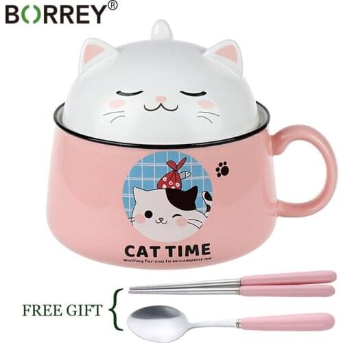 BORREY Creative Ceramic Noodle Bowl With Lid Spoon Chopsticks High Capacity Bowl Mug Student Bowl Fruit ,Ramen, Rice Soup Bowl