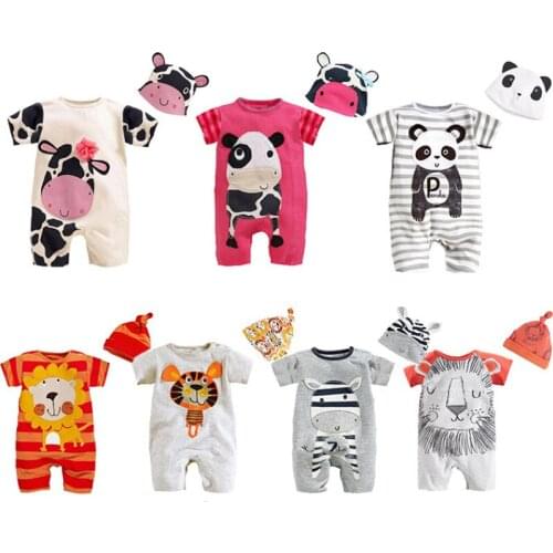 Unisex Infant Boy Girl Animal Romper Short Sleeve Cotton Soft Lion Zebra Panda Jumpsuit 2 Pieces Set Baby Boy Onesies Outfit