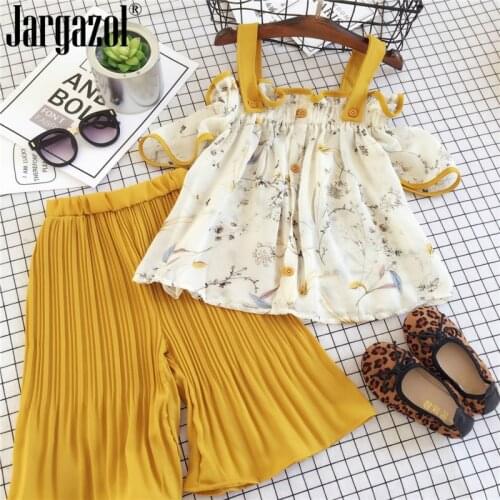 Girls Clothes Set Off Shoulder Floral Chiffon Shirt and Wide Pants Summer Outfits for Kids Clothes Sets Children Outfits Sets