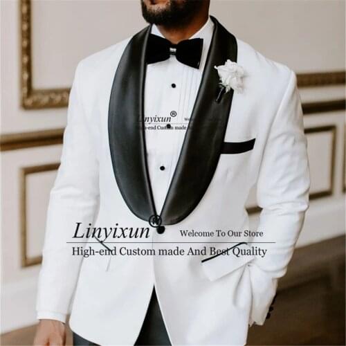 White Slim Fit Men Suits 2 Piece Jacket Pant Black Shawl Lapel Prom Tuxedo Wedding Groom Terno Masculino Blazers Costume Homme