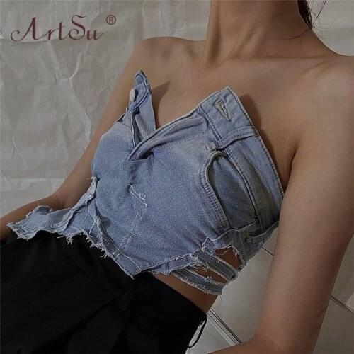 ArtSu Summer Fashion Asymmetric Tube Top Strapless Denim Single Button Tanks Hight Street Sexy Women Party Clubwear Crop Top