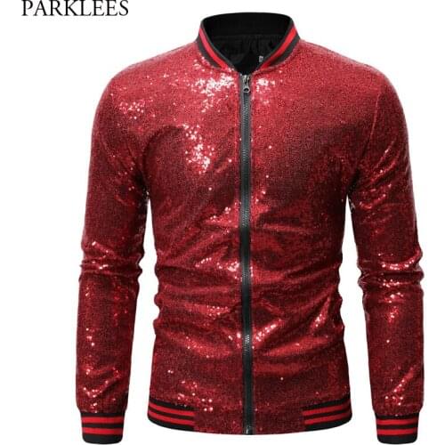 Shiny Red Sequin Glitter Bomber Jacket Men 2019 New Hip Hop Varsity Jackets Coats Mens Nightclub Stage Disco DJ Prom Veste Homme