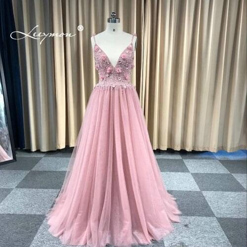 Leeymon Custom Made 2020 Sexy Backless Luxury Beaded 3D flowers Tulle Prom Dress Floor-Length Party Dress