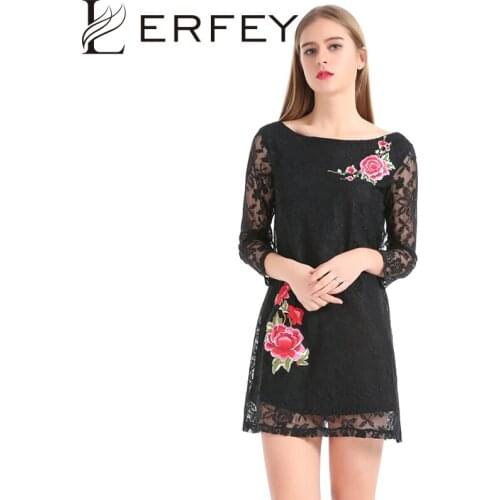 LERFEY Black Dress Women Spring Elegant Embroidery Floral Lace Dresses Casual Loose Short Mini Sexy Dress Vestidos Clothing