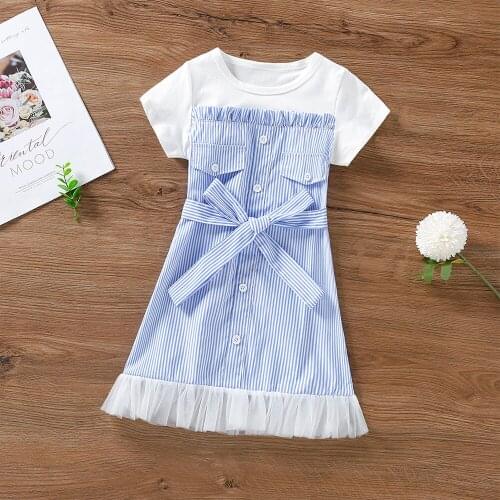 Girls Summer Dress with Belt 2021 New White Blue Striped Kids Clothes for 2 3 4 5 6 Year Girl Toddler Children O-neck Costume