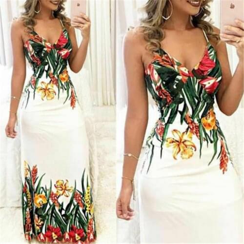 Fashion Women Dress Summer Floral Sleeveless Strap V neck Boho Dress Casual Long Maxi Evening Party Beach Dress Sundress