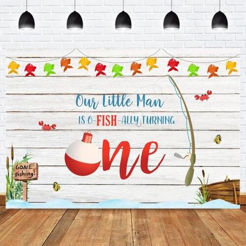 Our Little Man is O-fish-ally Turning One Backdrop 1st Birthday Party Photo Background for Children Gone Fishing Theme Backdrops