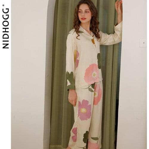 Fresh Elegant Satin Pajamas Spring Long Sleeve Ink Painting Sleepwear Viscose Print Lapel Loungewear Women Two Piece Nightwear