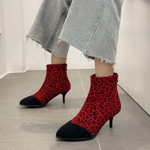 PXELENA Sexy Leopard Ankle Boots Women Flock Stiletto Thin High Heels Party Office Lady Shoes Short Boots Female Plus Size 34-43