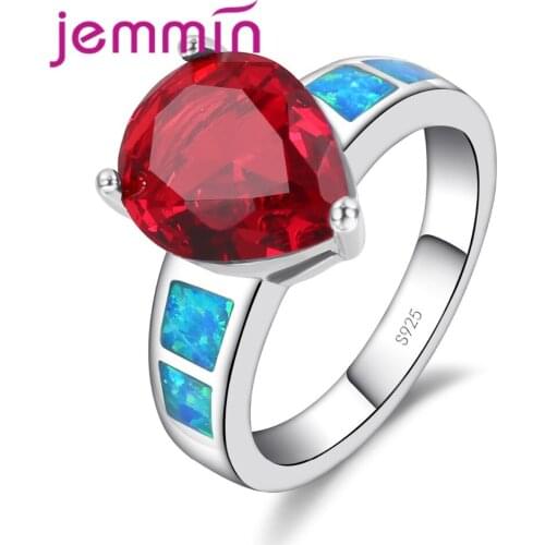 Luxury Red Water Drop Crystal Engagement Promise Rings For Lover Blue Fire Opal 925 Sterling Silver Ring For Wedding