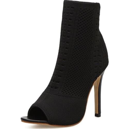 High-heeled Sandals Shoes 2021 Height Increasing Peep Toe Cover Heel Hollow Slip-on Stiletto Sandals Stretch Knitting Sewing